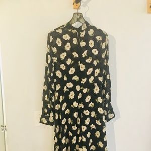 Zara Black Floral Long Sleeve Midi Dress with Cream Flowers